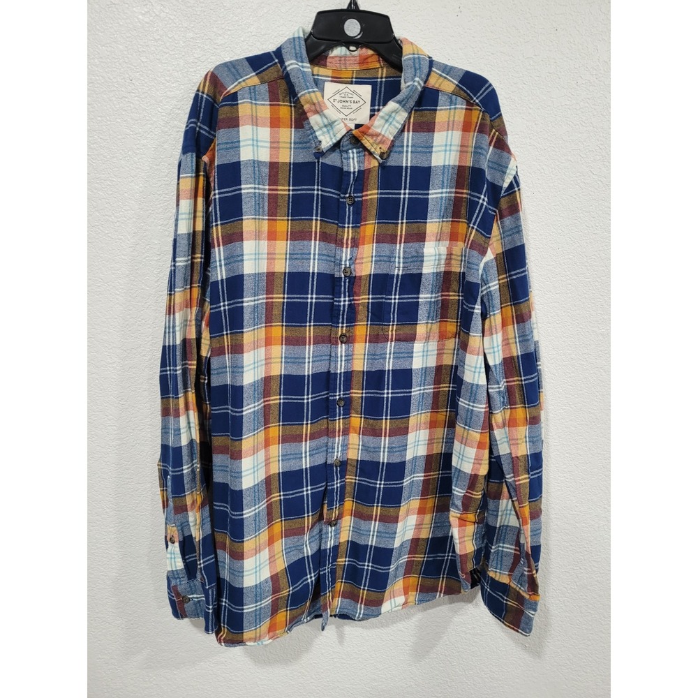 ST JOHNS BAY Flannel Shirt Blue Plaid Long Sleeve Button Down Men's XXL Soft #13